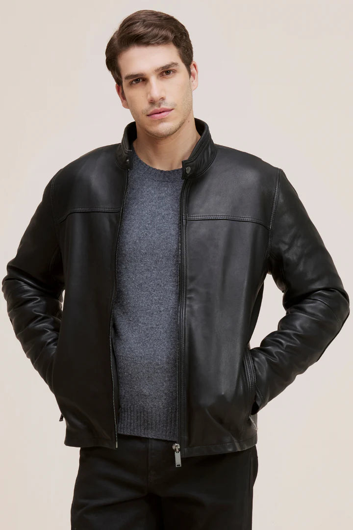 BOWEN Moto-Style Lamb Leather Bomber Jacket