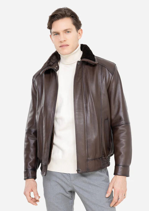 DAMIEN – Aviator Leather Jacket with Removable Shearling Collar