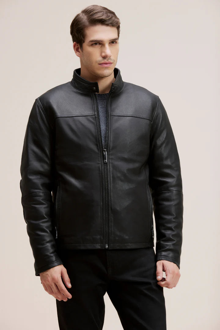 BOWEN Moto-Style Lamb Leather Bomber Jacket