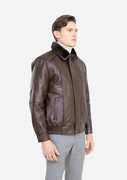 DAMIEN – Aviator Leather Jacket with Removable Shearling Collar