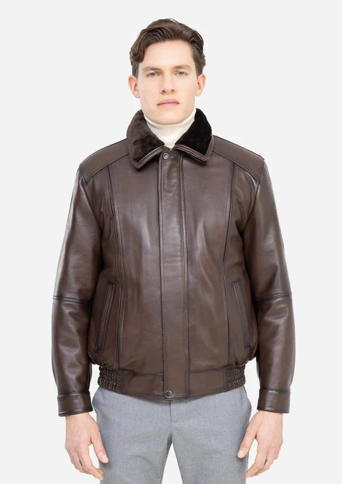 DAMIEN – Aviator Leather Jacket with Removable Shearling Collar