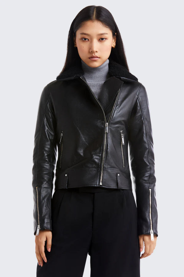 SHYLA Lamb Leather Biker Jacket with Detachable Fur Collar