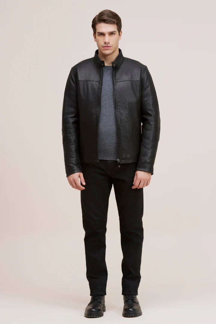 BOWEN Moto-Style Lamb Leather Bomber Jacket