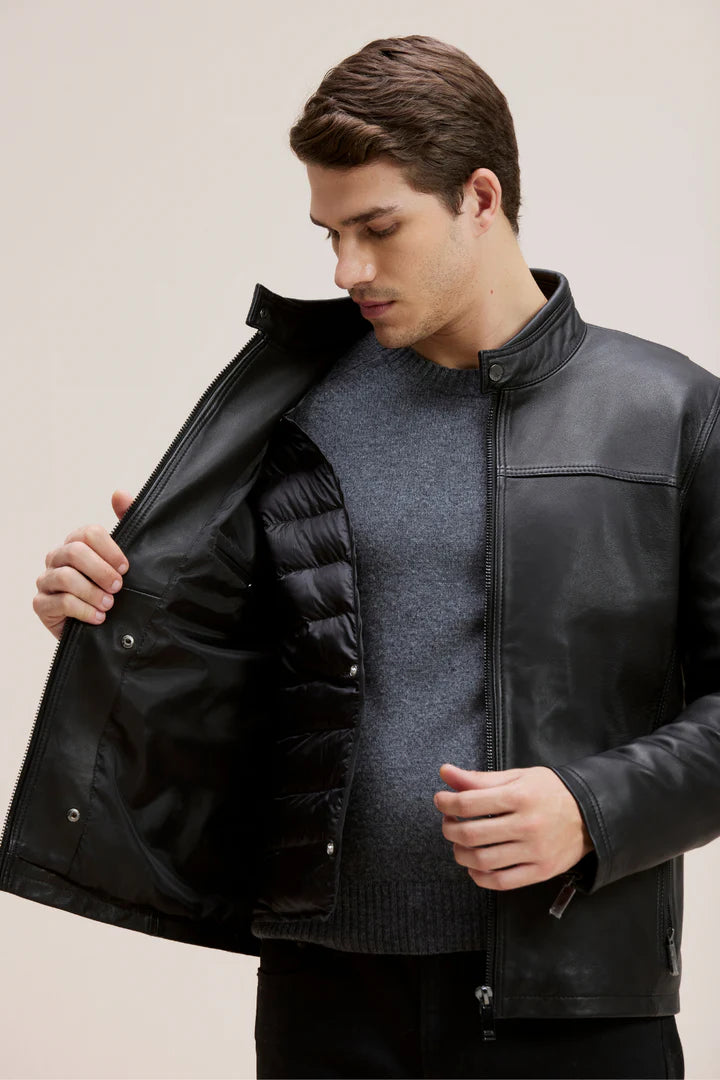 BOWEN Moto-Style Lamb Leather Bomber Jacket