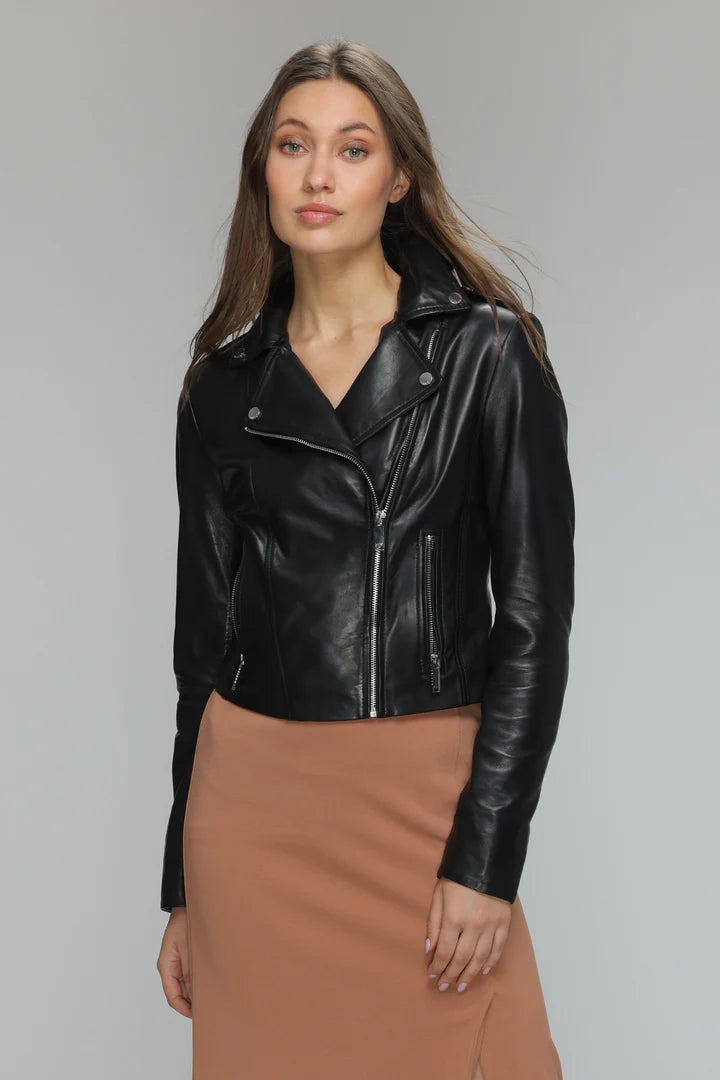 DARIA Cropped Lamb Leather Moto Jacket