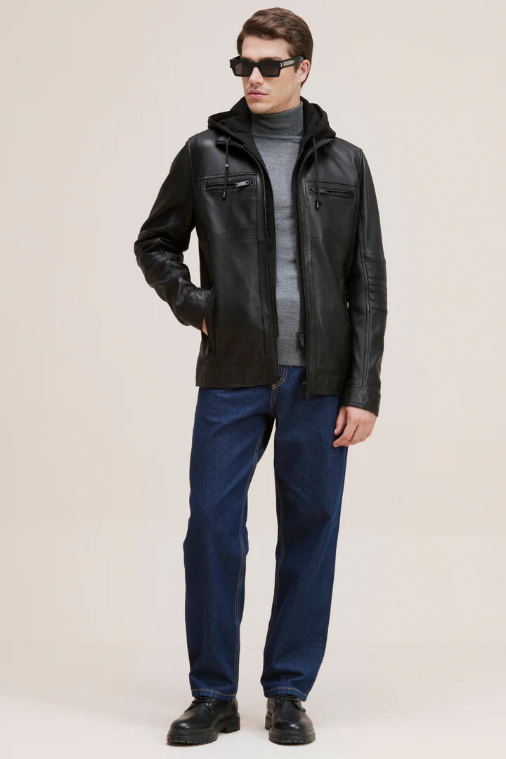 JAXON Lamb Leather Jacket with Zip-Out Hood