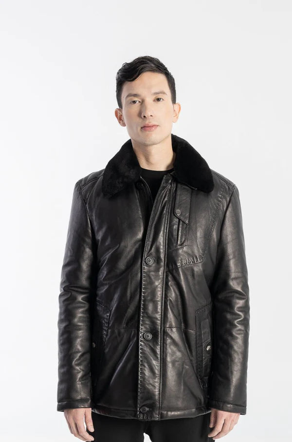 CARTER – Classic Lambskin Leather Jacket with Removable Shearling Wind Flap