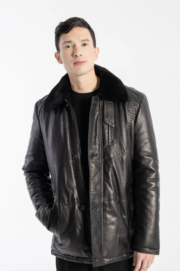 CARTER – Classic Lambskin Leather Jacket with Removable Shearling Wind Flap