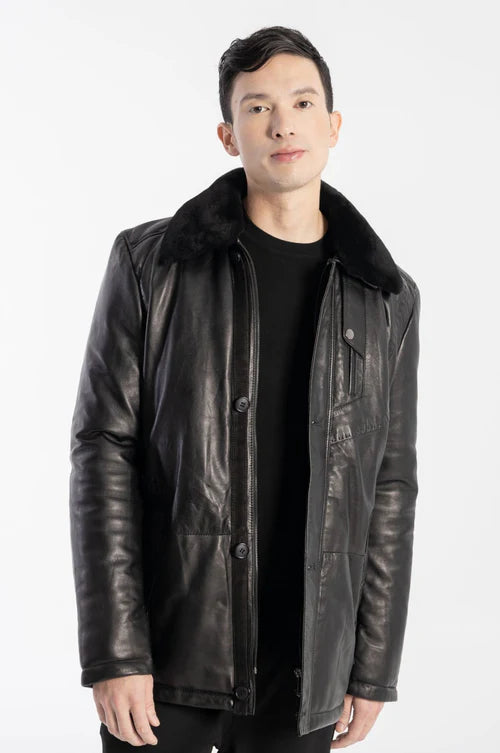 CARTER – Classic Lambskin Leather Jacket with Removable Shearling Wind Flap