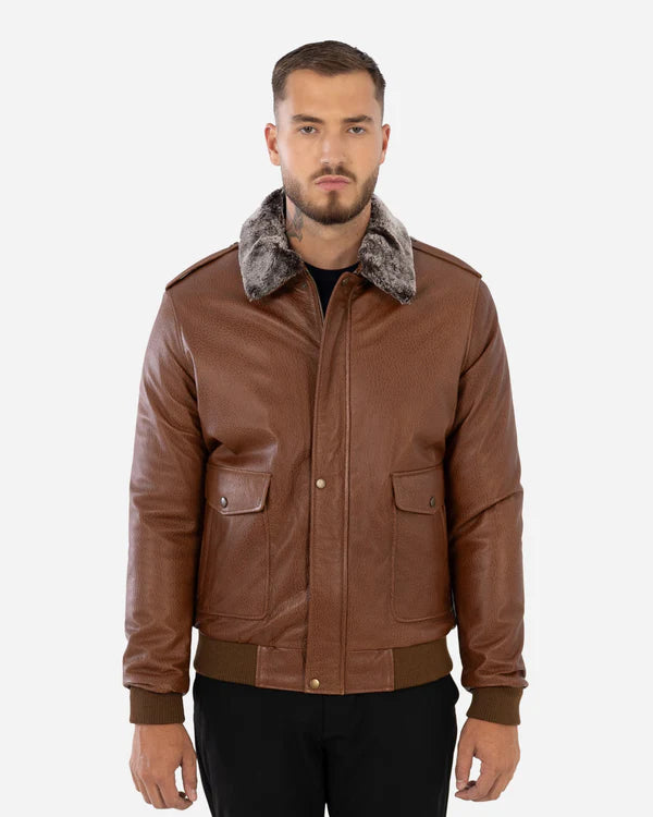WILDER – Cognac Aviator Lambskin Leather Jacket with Shearling Collar