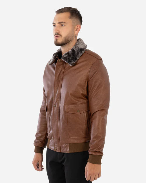 WILDER – Cognac Aviator Lambskin Leather Jacket with Shearling Collar