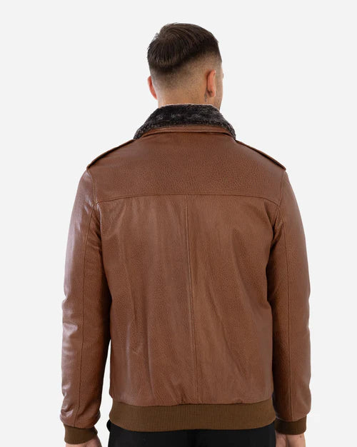 WILDER – Cognac Aviator Lambskin Leather Jacket with Shearling Collar