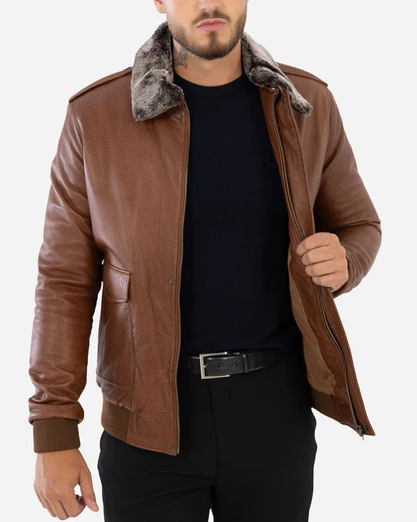 WILDER – Cognac Aviator Lambskin Leather Jacket with Shearling Collar