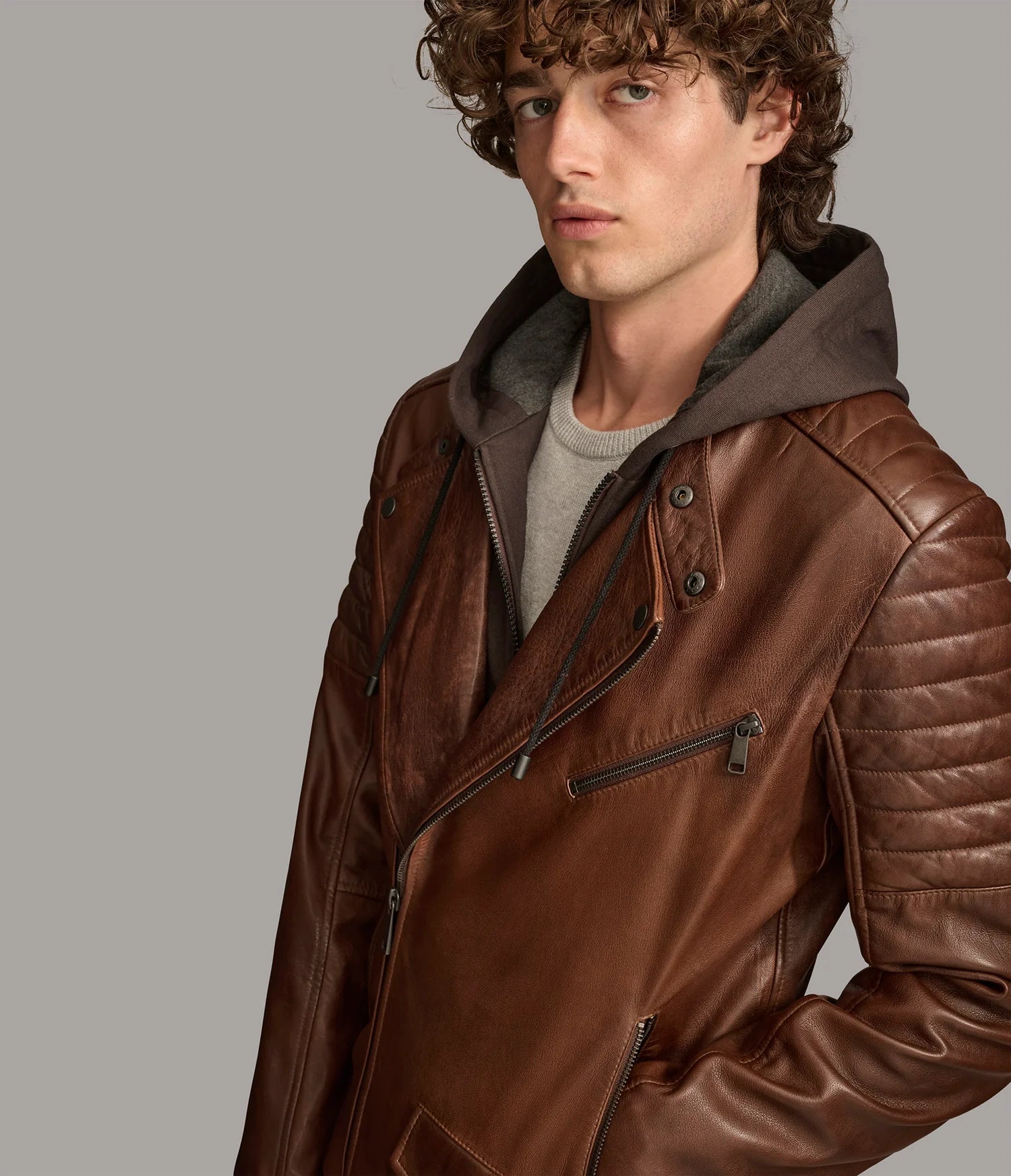 ANDRES – Men’s Leather Moto Jacket with Removable Hood
