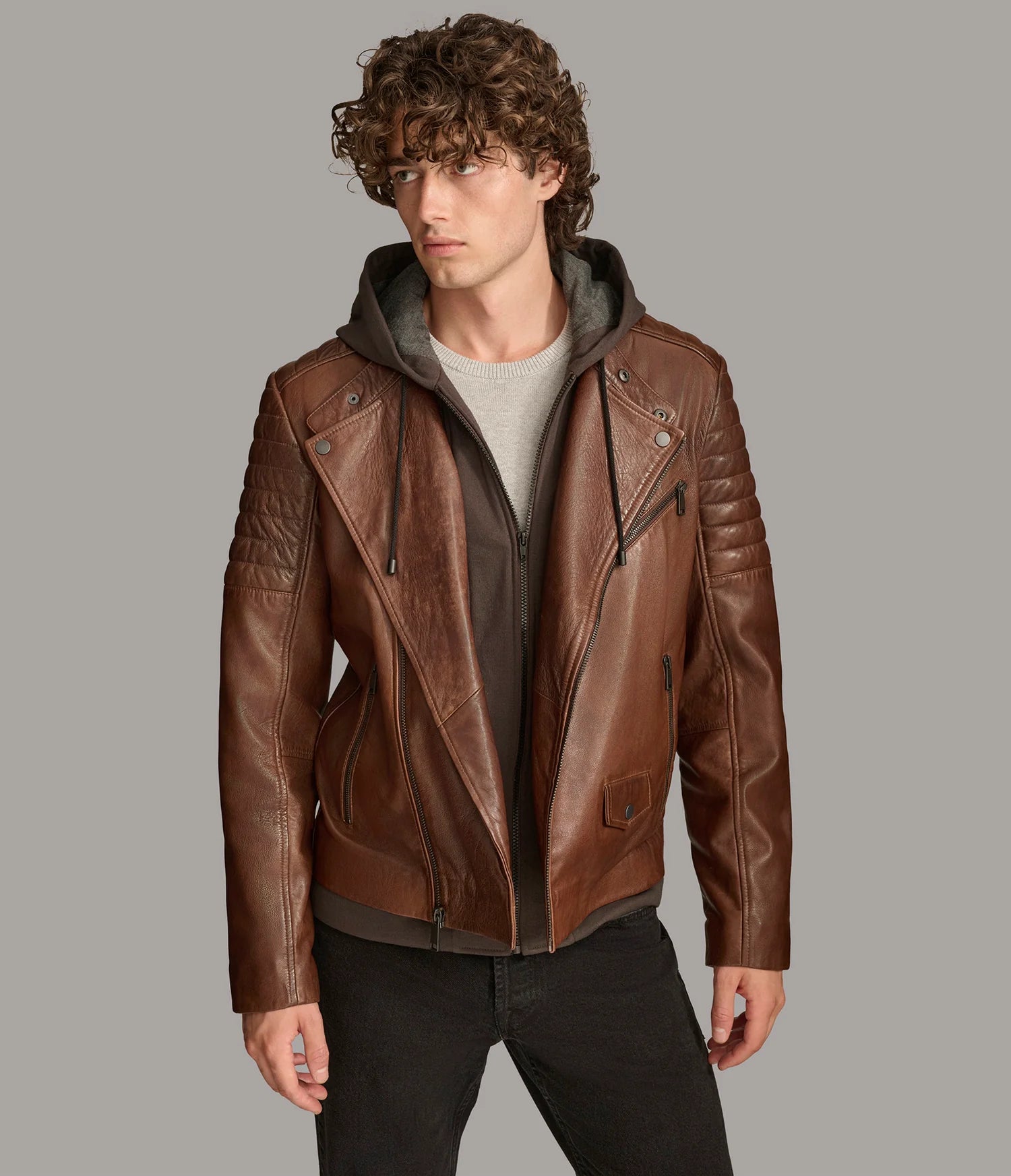 ANDRES – Men’s Leather Moto Jacket with Removable Hood