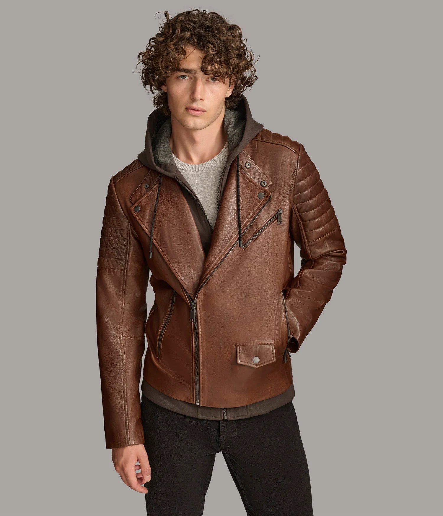 ANDRES – Men’s Leather Moto Jacket with Removable Hood
