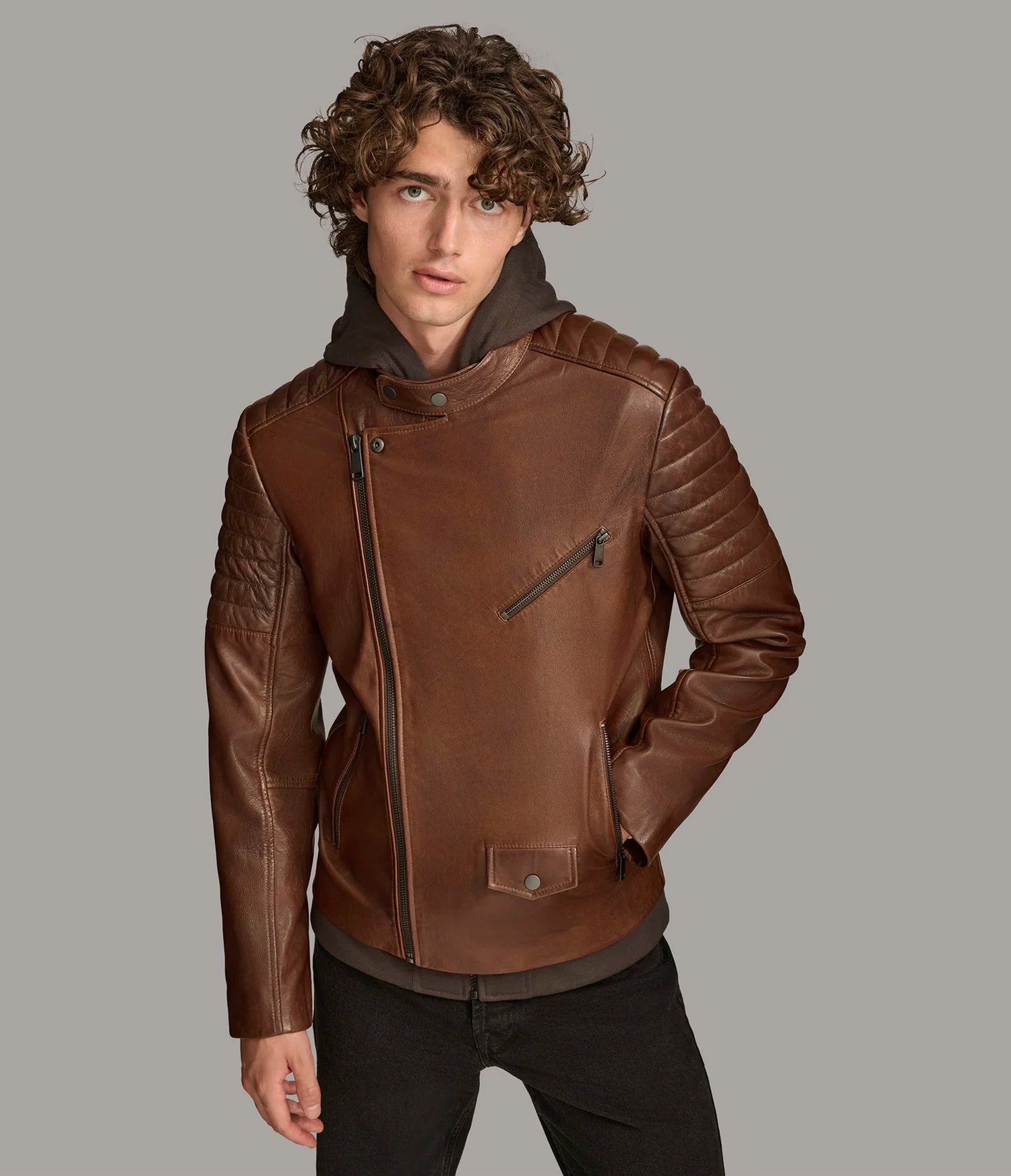 ANDRES – Men’s Leather Moto Jacket with Removable Hood